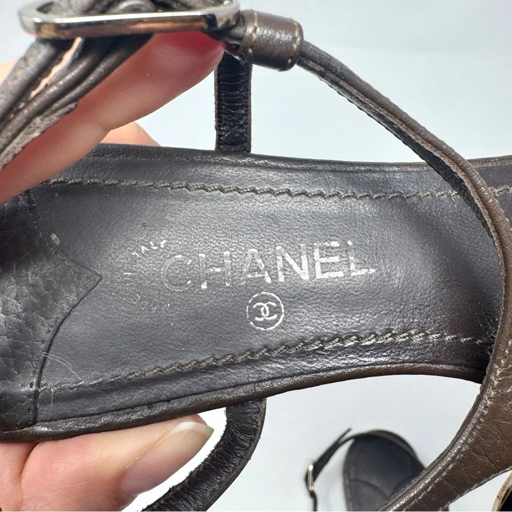 Chanel Dark Brown Leather Silver CC Logo T-Strap Thong Sandals